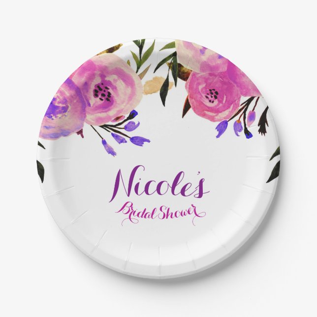 Pink & Purple Bright Modern Floral Bridal Shower Paper Plates (Front)