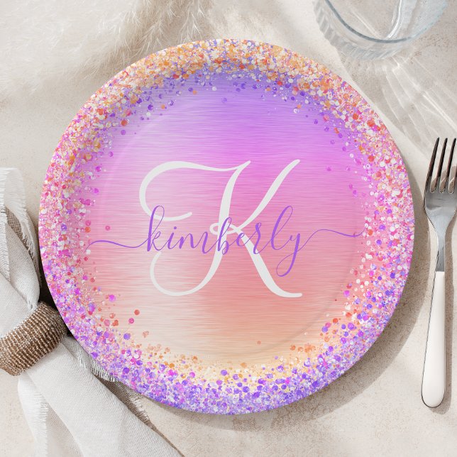 Pink Purple Brushed Metal Glitter Monogram Name Paper Plates (Creator Uploaded)