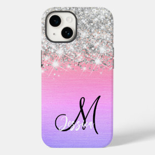 Pink Purple Brushed Metal Silver Glitter Monogram  Case-Mate iPhone 14 Case