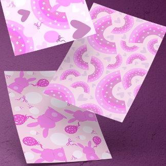 Pink & Purple Bunnies & Rainbows With Hearts Wrapping Paper Sheets