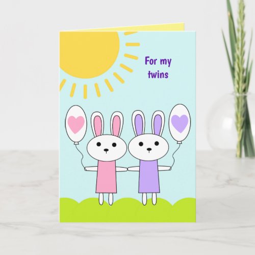 Pink Purple Bunny Twin Girls Easter Holiday Card
