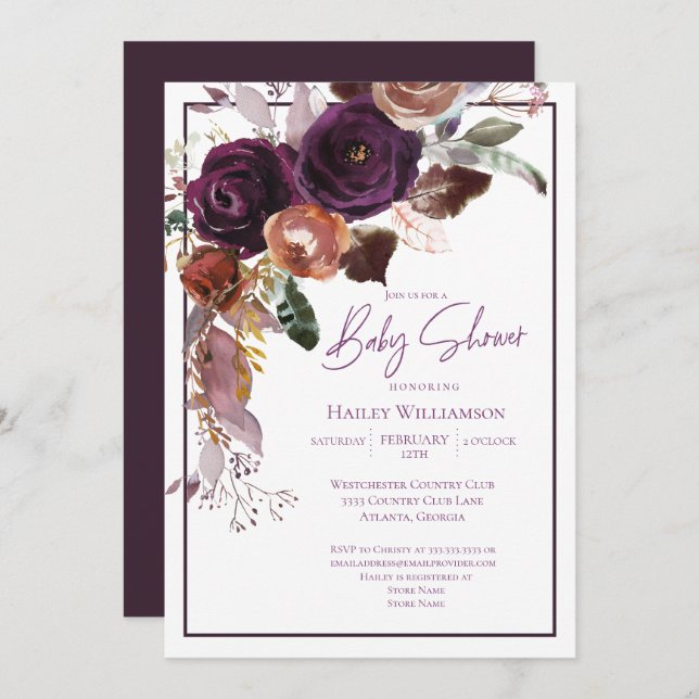 Pink, Purple, Burgundy and Gold Baby Shower Invitation (Front/Back)