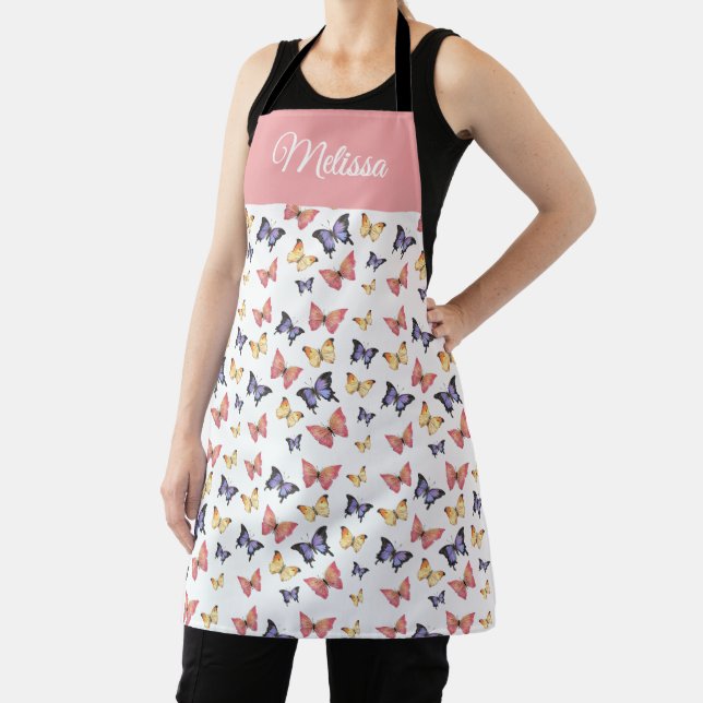 Pink Purple Butterflies Custom Name  Apron (Insitu)