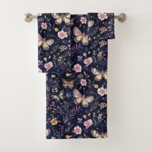 Pink Purple Butterflies Flowers Bath Towel Set