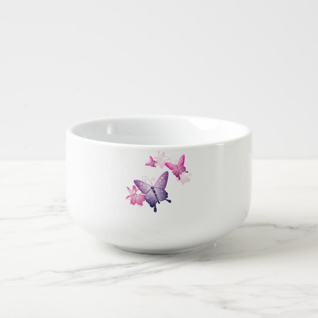Pink & Purple Butterflies & Flowers Soup Mug (Front)