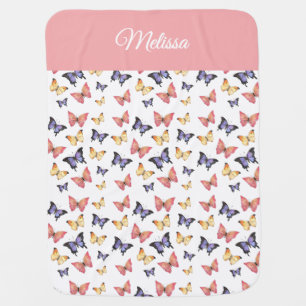 Pink Purple Butterflies Monogram Name Baby Blanket