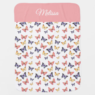 Pink Purple Butterflies Monogram Name Baby Blanket