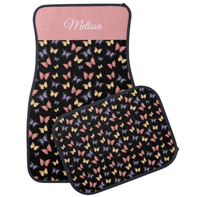 Pink Purple Butterflies Monogram Name Car Floor Mat (Set)