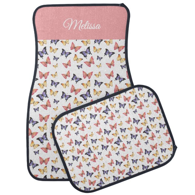 Pink Purple Butterflies Monogram Name Car Floor Mat (Set)