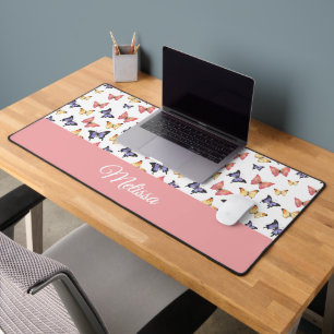 Pink Purple Butterflies Monogram Name Desk Mat