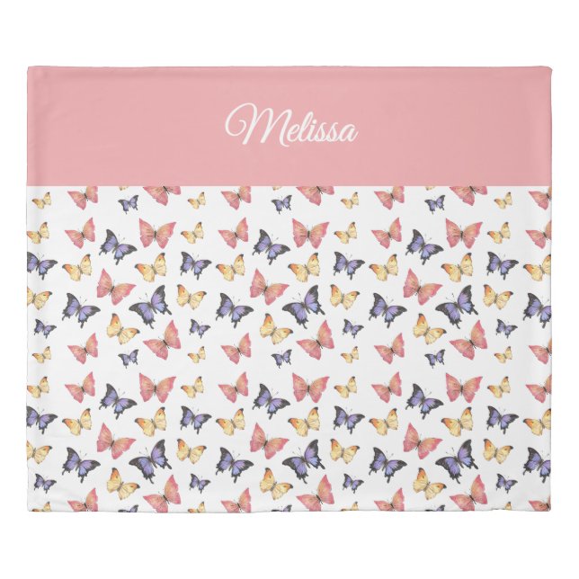 Pink Purple Butterflies Monogram Name Duvet Cover (Front)