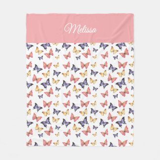 Pink Purple Butterflies Monogram Name Fleece Blanket