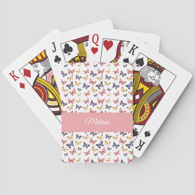Pink Purple Butterflies Monogram Name Poker Cards (Back)