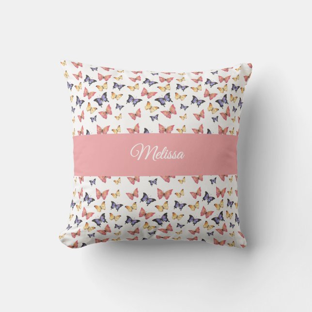 Pink Purple Butterflies Monogram Name Throw Pillow (Front)