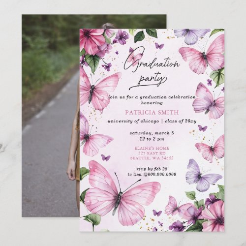 Pink Purple Butterflies Photo Graduation Party