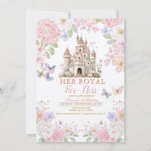 Pink Purple Butterflies Royal five-ness Birthday Invitation