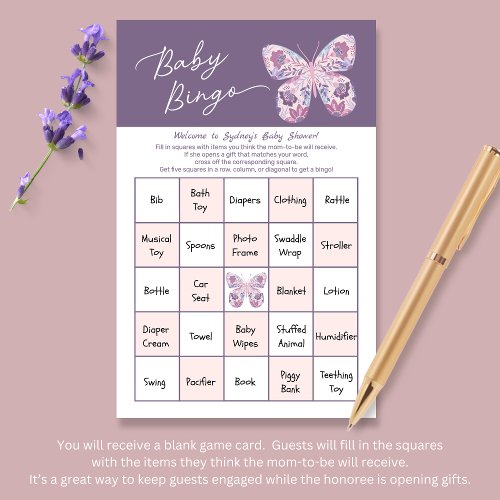 Pink Purple Butterfly Baby Bingo Game Card