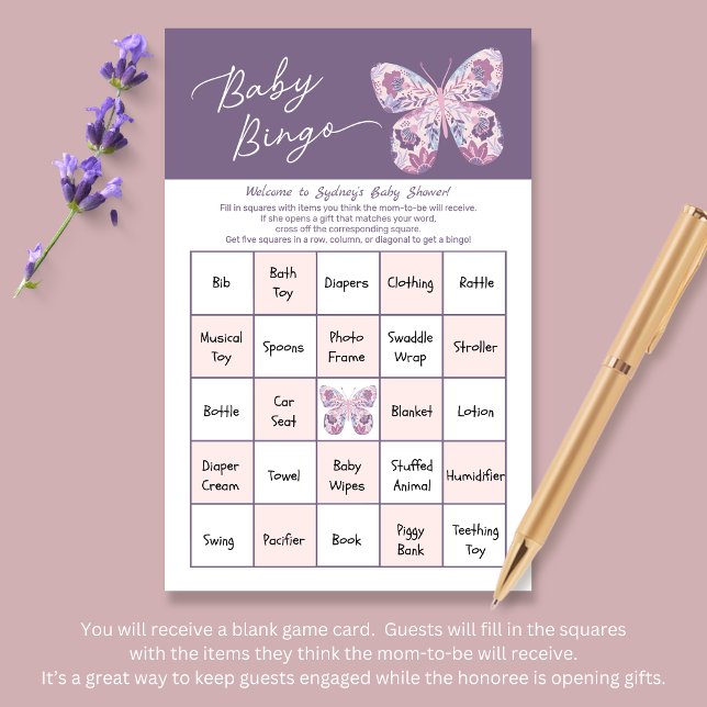 Pink Purple Butterfly Baby Bingo Game Card (Shown at 5.5" x 8.5" size)
