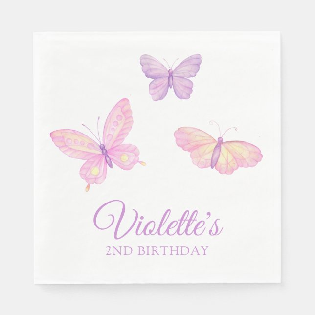 Pink Purple Butterfly Baby Birthday Party Napkins (Front)