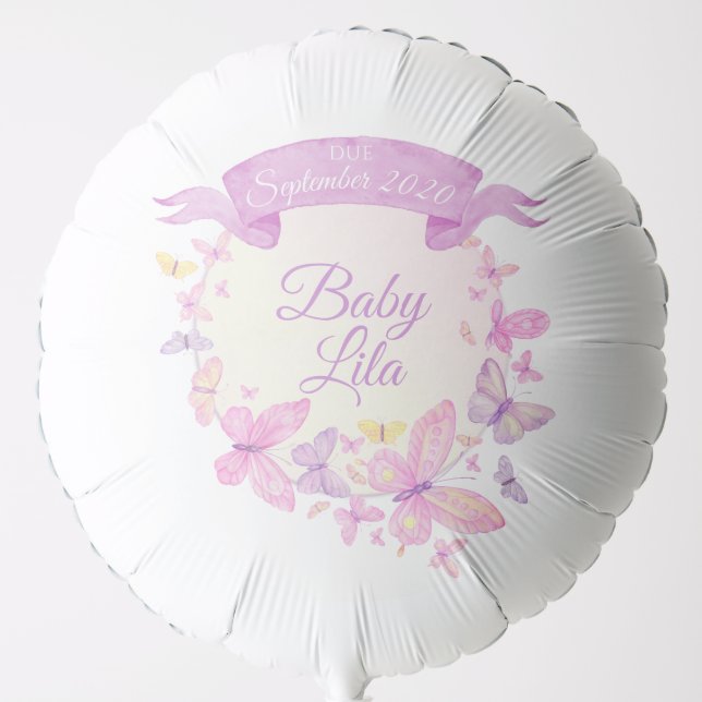 Pink Purple Butterfly Baby Name Due Date Balloon (Front)