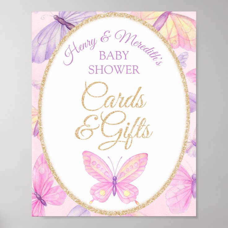 Pink Purple Butterfly Baby Shower Cards and Gifts Poster Zazzle