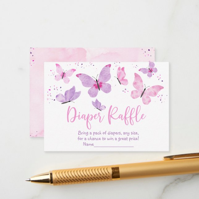 Pink Purple Butterfly Baby Shower Diaper Raffle Enclosure Card (Front/Back In Situ)