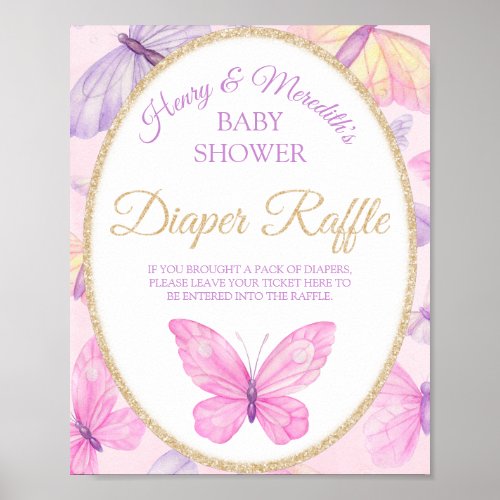 Pink  Purple Butterfly Baby Shower Diaper Raffle Poster