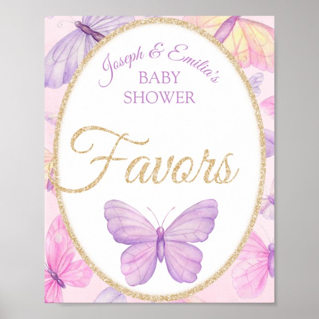 Pink & Purple Butterfly Baby Shower Favors Poster (Front)