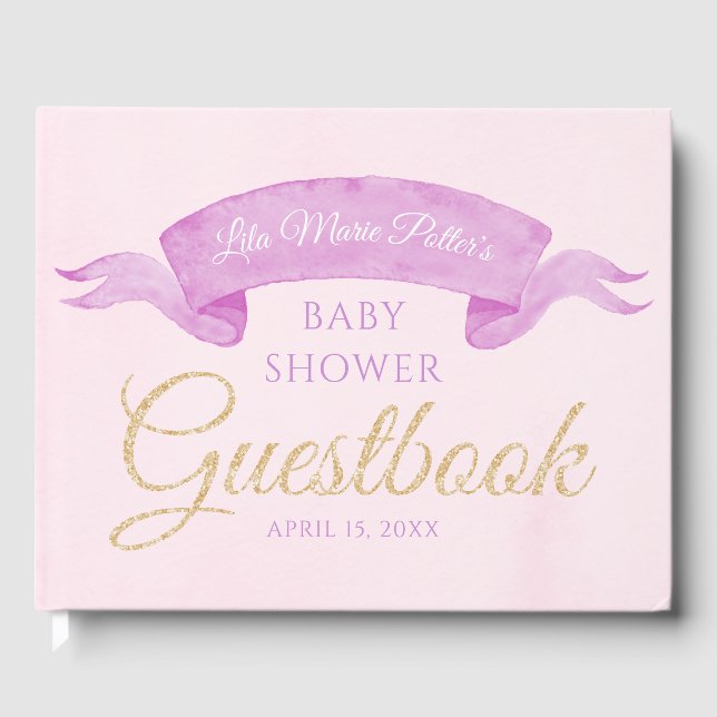 Pink & Purple Butterfly Baby Shower Guestbook (Front)