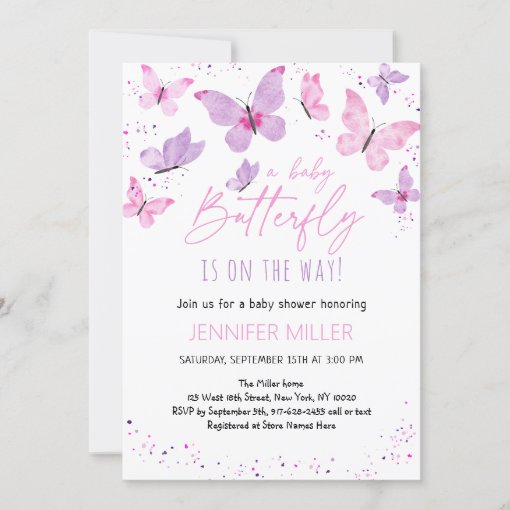 Pink Purple Butterfly Baby Shower Invitation Zazzle