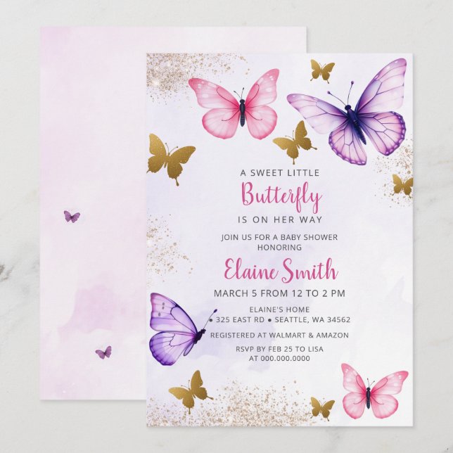 Pink Purple Butterfly Baby Shower  Invitation (Front/Back)