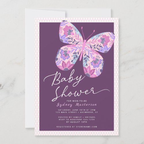 Pink Purple Butterfly Baby Shower Invitation