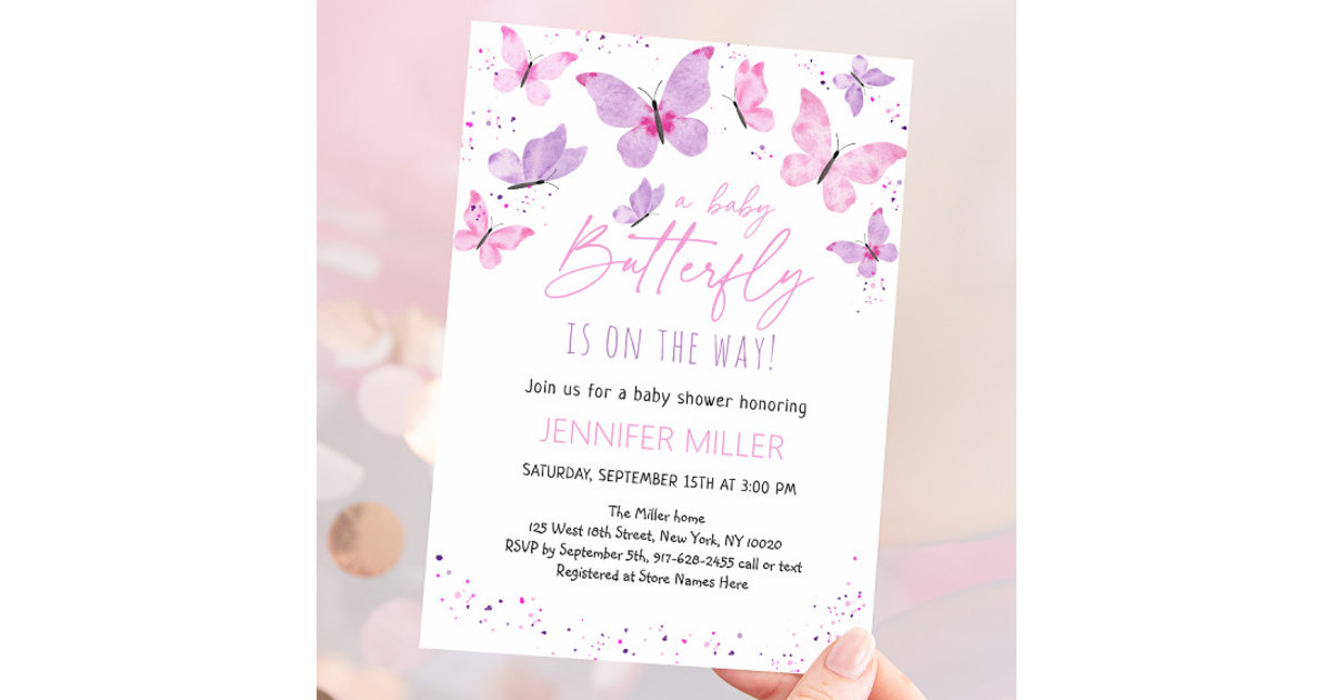 Pink Purple Butterfly Baby Shower Invitation Zazzle