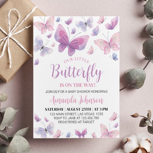 Pink Purple Butterfly Baby Shower Invitation