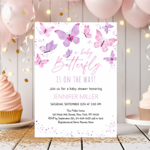 Pink Purple Butterfly Baby Shower Invitation