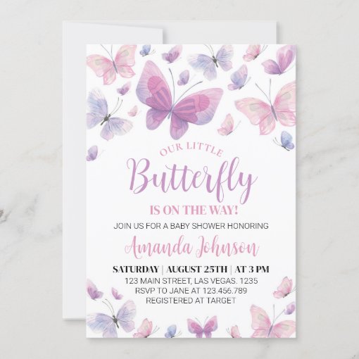 Pink Purple Butterfly Baby Shower Invitation | Zazzle