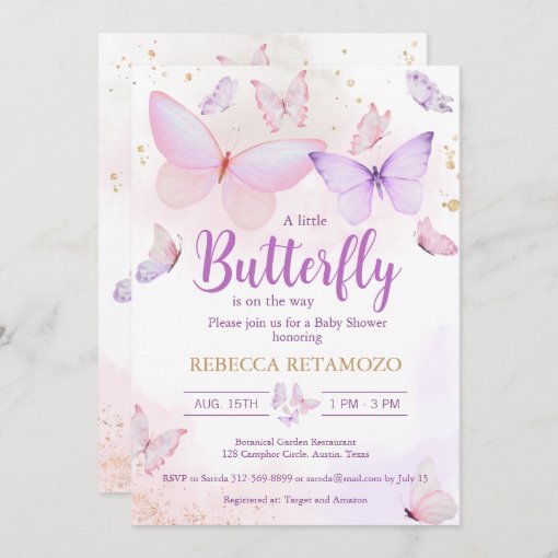 Pink Purple Butterfly Baby Shower Invitation | Zazzle