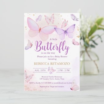 Pink Purple Butterfly Baby Shower Invitation | Zazzle