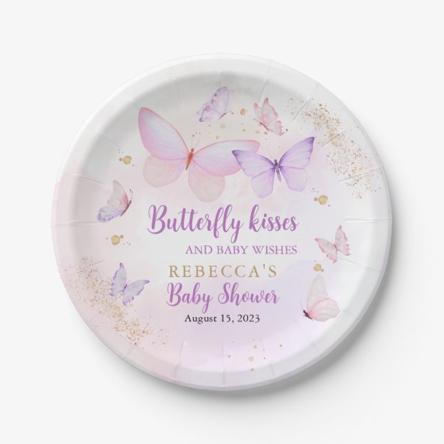 Pink Purple Butterfly Baby Shower Paper Plate (Front)