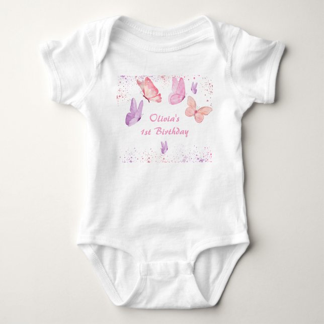 Pink Purple Butterfly Birthday  Baby Bodysuit (Front)