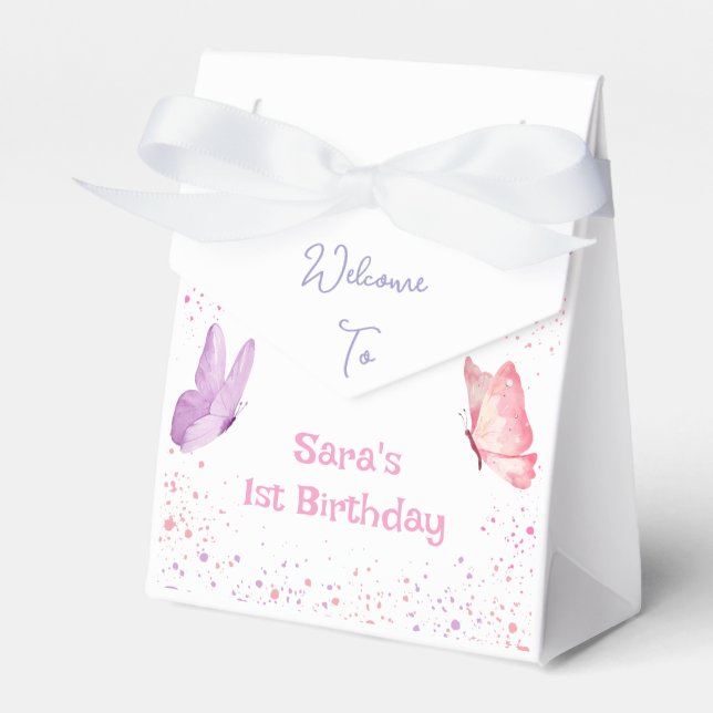 Pink Purple Butterfly Birthday Favor Boxes (Front Side)