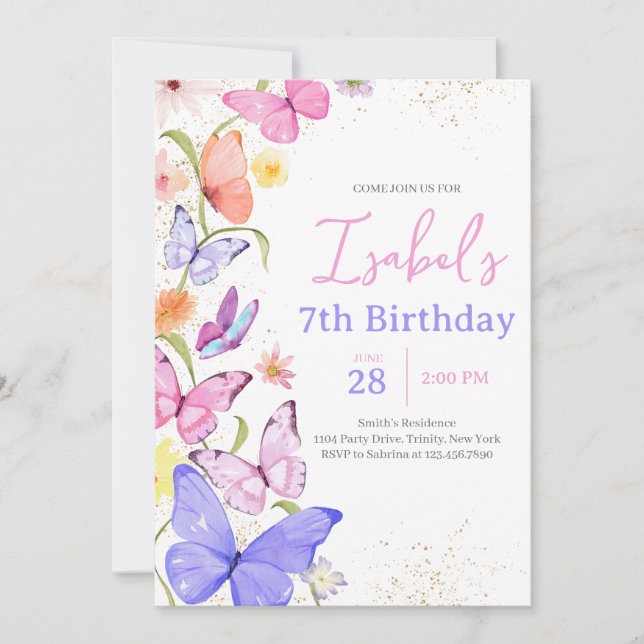 Pink Purple Butterfly Birthday Invitation (Front)
