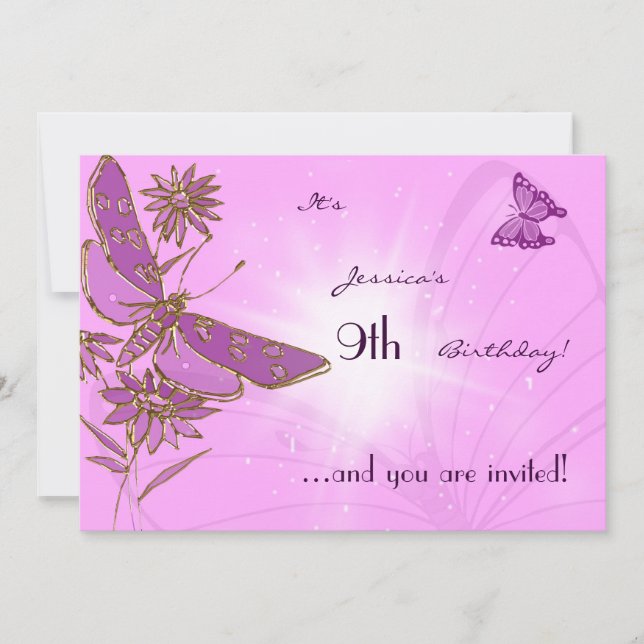 Pink Purple Butterfly Birthday Invitation Card (Front)
