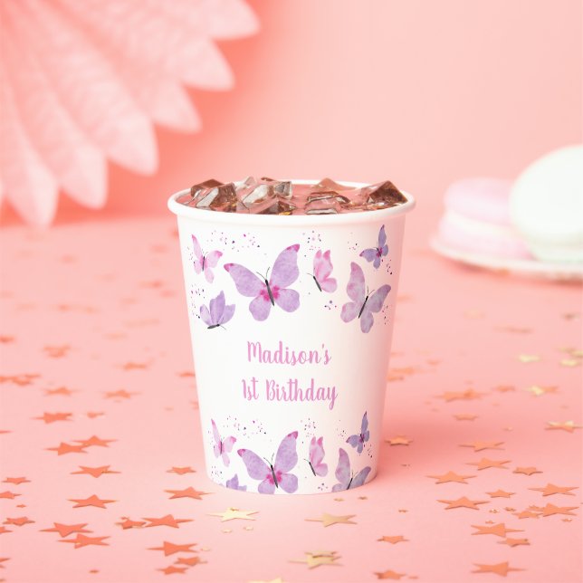 Pink Purple Butterfly Birthday Paper Cups (Insitu)