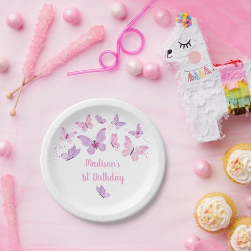 Pink Purple Butterfly Birthday Paper Plates