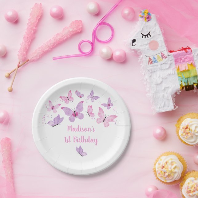 Pink Purple Butterfly Birthday Paper Plates (Party)