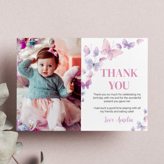 Pink Purple Butterfly Birthday Photo Thank You Card (Creator Uploaded)