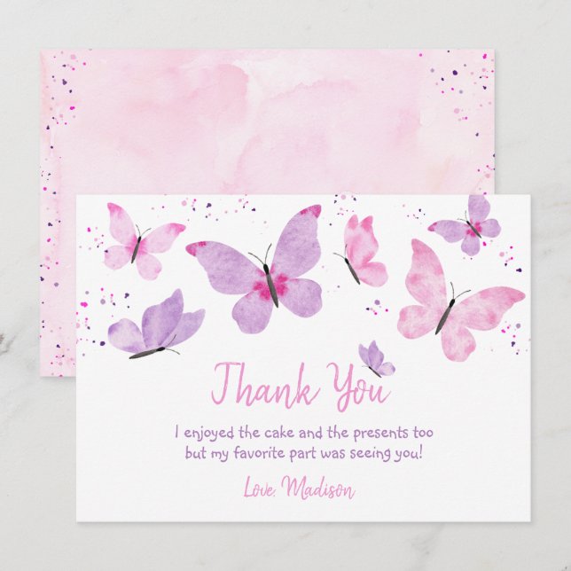 Pink Purple Butterfly Birthday Thank You Card (Front/Back)