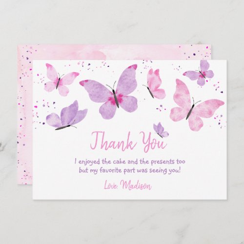 Pink Purple Butterfly Birthday Thank You Card