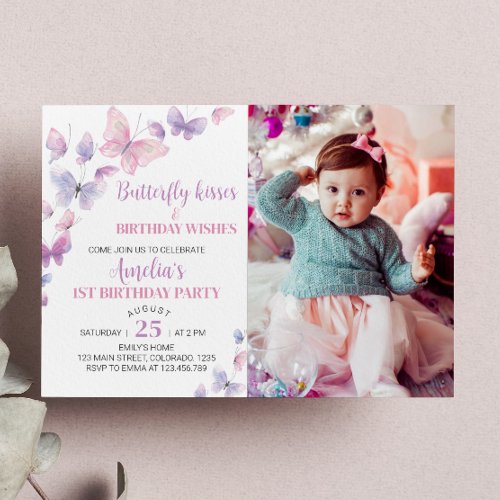 Pink Purple Butterfly First Birthday Invitation